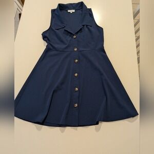 Rihoas Navy Blue Sleeveless Button Down Fit and Flare Mini Dress Large